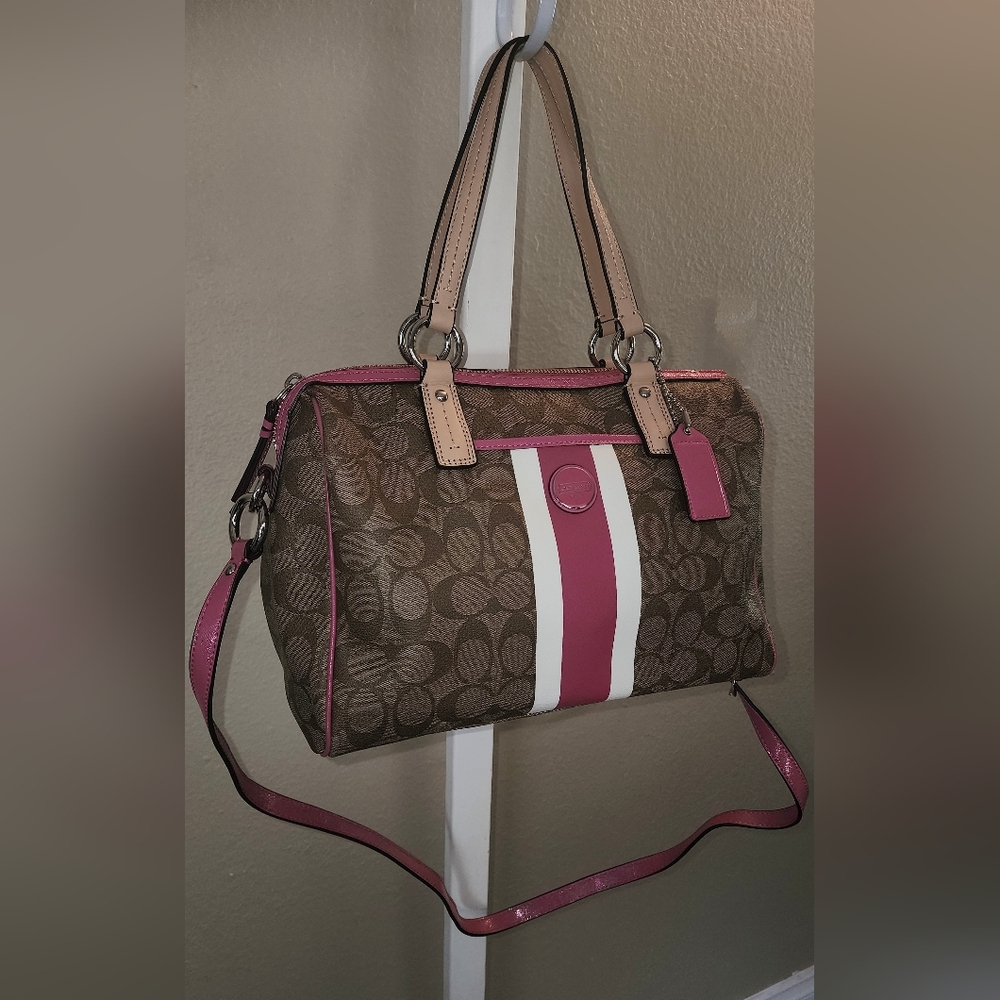 Coach Brown and Pink Tote Bag with Signature Pink And White Design - Picture 5 of 9